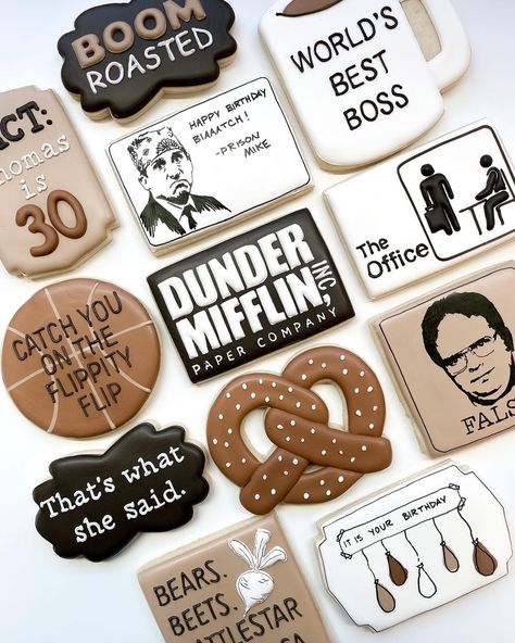 Office Cookies Decorated, The Office Cookies, The Office Birthday Cake, The Office Cake, The Office Birthday Party, 29th Birthday Cakes, Bday Cookies, Office Themed Party, Office Birthday Party