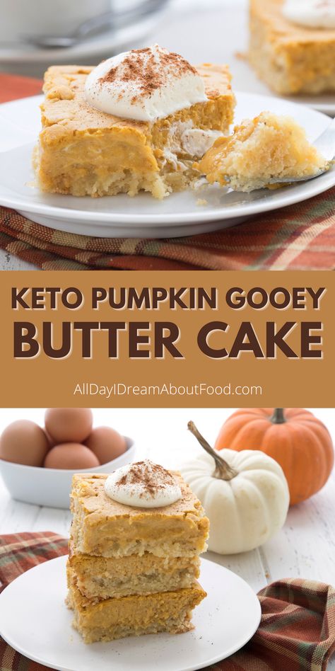 A Paula Deen classic goes keto! You’re going to love this delectable low carb Pumpkin Gooey Butter Cake. Sugar-free and grain-free. Pumpkin Butter Cake, Pumpkin Gooey Butter Cake, Low Carb Pumpkin Recipes, Gooey Butter Cake, Keto Pumpkin, Low Carb Treats, Keto Cake, Keto Dessert Easy, Low Carb Sweets