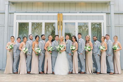 Gray And Beige Wedding Colors, Light Gray And Champagne Wedding, Taupe Wedding Colors Groomsmen, Light Blue And Champagne Bridesmaid Dresses, Light Gray Groomsmen Suits Color Schemes, Light Grey And Champagne Wedding, Grey Suit For Groomsmen, Light Grey Groomsmen Suits Color Schemes, Champagne Bridesmaid Dresses With Blue Suits