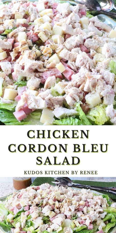 My Chicken Cordon Bleu Salad is a hearty romaine lettuce salad loaded with chicken, ham, and Swiss cheese. It's then topped with a lightly sweet and tangy homemade honey Dijon vinaigrette that balances this delicious salad perfectly! #salad #homemadevinaigrette #romainesalad #lettucesalad #coldsalad #chickenhamsalad #chickencordonbleu #saladwithmeatandcheese #lowcarbsalad #kudoskitchenrecipes Chicken Salad Recipe With Strawberries, Chicken Cordon Bleu Salad, Portable Salads, Romaine Recipes, Chicken Ham And Swiss, Overnight Salad, Fried Chicken Salad, Deli Salads, Chicken Cordon Bleu Pasta