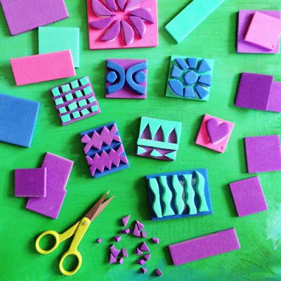 glue it tuesday/week 30: handmade stamps Stamp Art Ideas, Homemade Stamps, Colorful Homes, Printmaking Projects, Foam Stamps, Stamp Carving, Handmade Stamps, Elementary Art Projects, Diy Art Projects