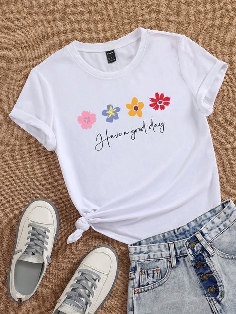 White Casual Collar Short Sleeve Knitted Fabric Floral,Letter,Slogan  Embellished Slight Stretch  Women Clothing Tshirt Slogan, Clothes Painting, Tshirt Painting, T Shirt Painting, Sleepover Ideas, Slogan Tshirt, Floral Tee, Floral Letters, Tee Shirt Designs