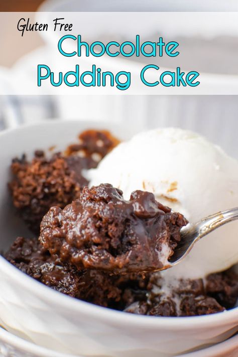 Gluten Free Chocolate Pudding Cake, with it’s rich brownie-like cake on top, and warm rich pudding underneath, is the perfect quick chocolate fix. Top it with a scoop of vanilla ice cream, and it’s perfect. Chocolate Pudding Cake Recipe, Pudding Cake Recipe, Cake Recipes Uk, Chocolate Cobbler, Chocolate Pudding Cake, Slow Cooker Desserts, Crockpot Recipes Beef, Pudding Desserts, Pudding Cake