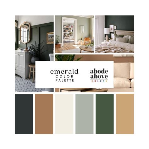 Emerald - Interior Design Color Palette | Sherwin Williams 2024 Whole House Color Scheme | Interior Paint Design | Green, Gold, Brown Interior Paint Design, Paint 2024, Whole House Color Scheme, House Color Schemes Interior, Color Palette Sherwin Williams, Home Color Palette, Color Palette Interior Design, Sherwin Williams Color Palette, House Color Palettes