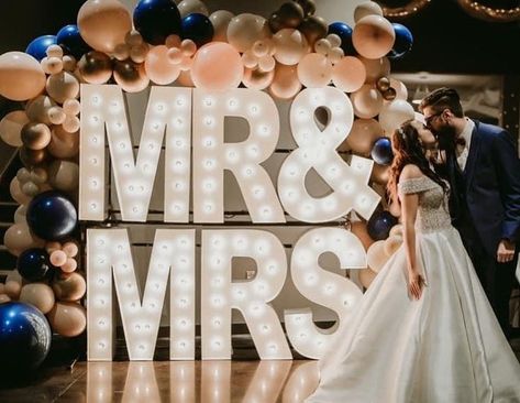 Mr & Mrs Marquee letters next to dance floor. These marquee letters will make a statement in your photos! Check us out at @alphalitbend on instagram to inquire/book head to our website. We provide the highest quality marquee letter rentals! Marquee Mr And Mrs, Love Marquee Letters With Balloons, Stacked Marquee Letters, Mr And Mrs Marquee Letters, Mrs Marquee Letters, Private Wedding, Rose Party, Marquee Letters, Marquee Wedding