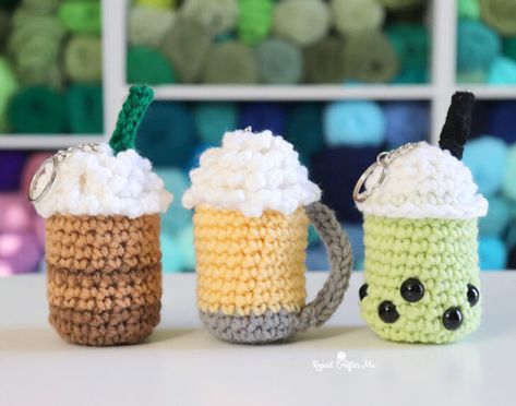 Crochet Beer Mug, Boba Tea, and Frappuccino Keychains Crochet Frappuccino Free Pattern, Crochet Beer Mug, Crochet Monster Hat, Crochet Figures, Crochet Beer, Tiny Accessories, Crochet Tiny, Crocheted Amigurumi, Fake Candy