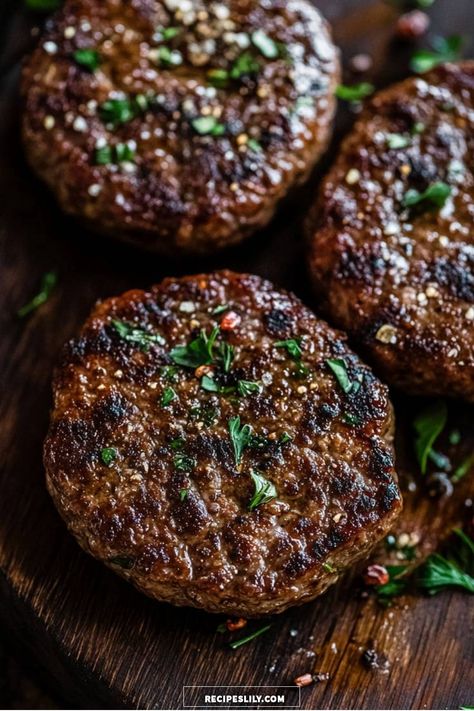 These juicy homemade burger patties are a game-changer for your grilling nights! With perfect seasoning and a satisfying texture, they are great for any barbecue. I love adding fresh herbs on top to enhance the flavor. Get ready to impress your friends and family with this easy yet delicious recipe! Homemade Beef Burgers Recipes, Juicy Beef Burger Patty Recipe, Homemade Burgers Patties Recipe, Burger Patty Recipe Beef, Homemade Burgers Patties, Burger Patties Recipe, Hamburger Patty Recipe, Beef Patty Recipe, Homemade Burger Patties