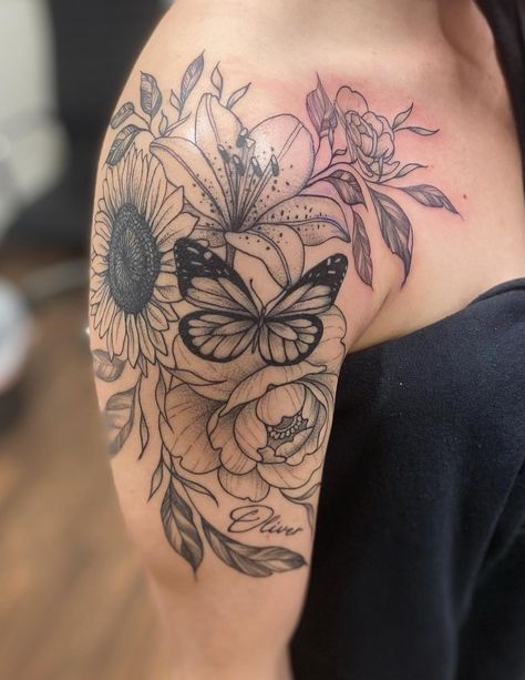 A nature half sleeve that @sydneyctattoo designed and tattooed in black and grey. The sleeve consists in a butterfly, florals, leaves, and some small script. Mama Tried, Nature Tattoo, Upper Arms, Floral Sleeve, Nature Tattoos, Best Tattoo, Tattoo Inspo, Hidden Gem, Black And Grey Tattoos