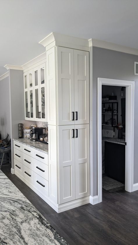 Kitchen Pantry In Small Kitchen, Kitchen In Two Rooms, Kitchen Layout With Back Door, Peninsula Next To Fridge, Deck Off Of Kitchen, Cool Kitchen Layouts, Kitchen Layout With Lots Of Doors, Half Depth Kitchen Cabinets, Extra Tall Upper Kitchen Cabinets