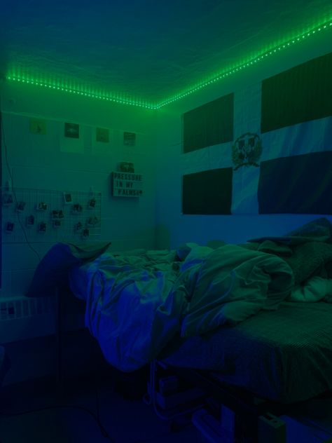 Boy Room Led Lights, Green Led Lights Bedroom, Neon Green Room, Green Led Room Aesthetic, Led Green Wallpaper, How To Make Dark Green Led Lights, Green Led Lights Aesthetic, Green Led Light Aesthetic, Neon Room Aesthetic