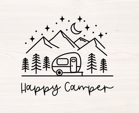 Simple Camping Drawings, Camping Line Art, Camper Drawing Simple, Camper Doodle, Camper Tattoo, Camper Embroidery, Camper Drawing, Camper Clipart, Happy Camper Sign