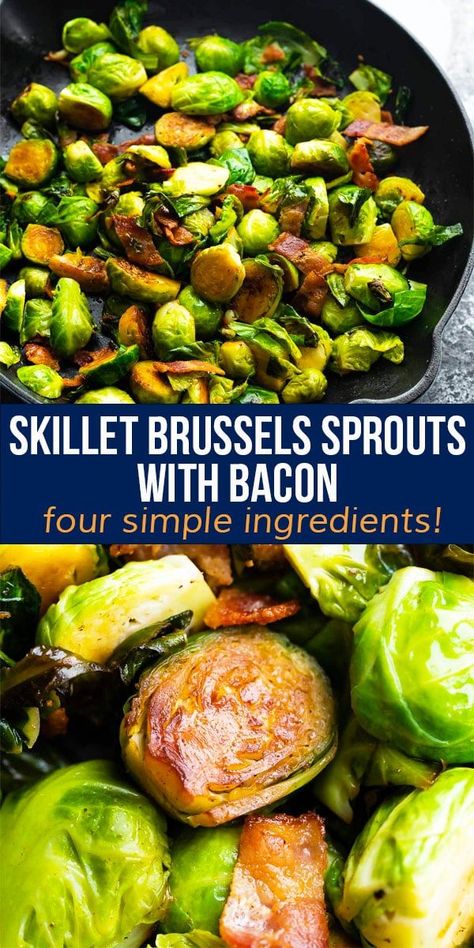 Brussels sprouts with bacon is seriously amazing: tender on the inside, but caramelized on the outside, the brussels sprouts are sautéed in bacon grease for extra flavor. Four simple ingredients! #sweetpeasandsaffron #skillet #mealprep #dinner Brussel Sprouts In Bacon Grease, Bacon And Brussel Sprouts Skillet, Brussel Sprouts In Skillet, Skillet Brussel Sprout Recipes, Sauteed Brussel Sprouts With Bacon, Skillet Brussel Sprouts, 2b Recipes, Sautéed Brussels Sprouts, Brussels Sprouts And Bacon