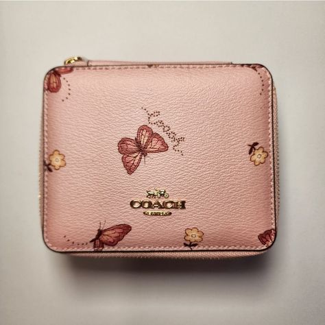 Coach Large Jewelry Box With Butterfly Coated Canvas Inside Mirror Zip-Around Closure, Leather Lining 5" (L) X 4" (H) X 2" (W) Style No. C8082g Brown Leather Clutch, Large Jewelry Box, Blossom Print, Girly Bags, Coach Wallet, Large Jewelry, Butterfly Jewelry, Designer Shoulder Bags, Mini Wallet