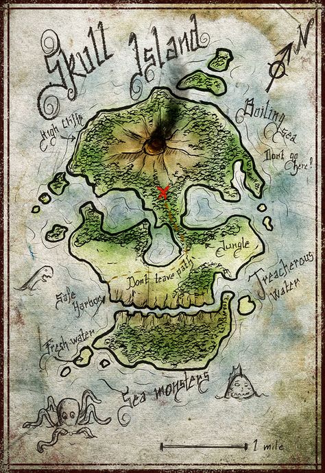 Skull Island Drawing, Pirate Island Map, Pirate Map Drawing, Skull Island Tattoo, Island Map Drawing, Sugar Skull Drawings, Map Drawing Ideas, Treasure Island Map, Sugar Skull Drawing