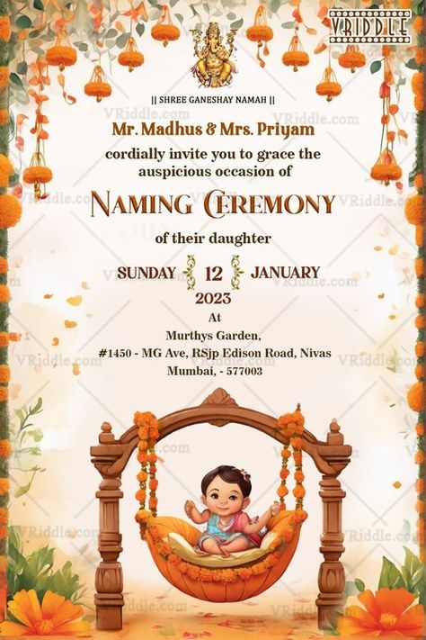 Indian Baby Shower Invitations, Naming Ceremony Invitation, Wedding Illustration Card, Naming Ceremony Decoration, Cradle Ceremony, Ceremony Invitation, Marigold Flowers, Indian Wedding Invitation Cards, Wedding Stage Design