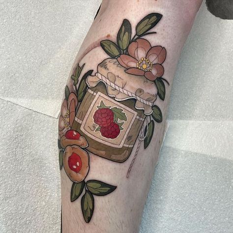 Cottagecore Tattoo, Jar Tattoo, Peach Tattoo, Fruit Tattoo, Garden Tattoos, Food Tattoos, Incredible Tattoos, Bff Tattoos, Food Illustration Art