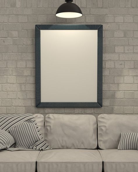 blank white framed on brick wall behind couch, white and neutral tones Frame Wall Ideas Bedroom, Picture Frame Wall Ideas, New Background Hd, Picture Frame On Wall, Frame Wall Ideas, Wall Ideas Bedroom, Frame On Wall, Frame Mockup Free, Background Picsart