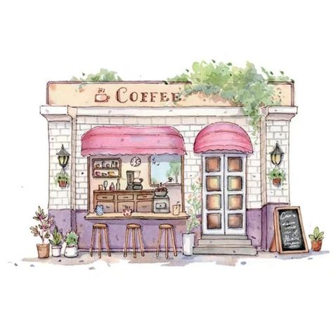 Watercolor Art Buildings, Cafe Watercolor Painting, Coffee Shop Sketch, Cafe Drawing, Watercolor Bakery, Town Drawing, Canvas Painting Ideas For Beginners, Fall Canvas Painting, Canvas Painting For Beginners