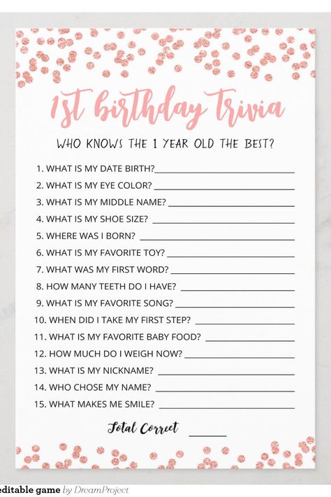 1st Birthday Trivia editable game Sweet One Birthday Games, 1st Birthday Play Ideas, First Birthday Games For Kids Baby Party Activities Easy, First Birthday Boy Games, First Birthday Party Game Ideas, First Bday Games, Games For 1 Year Baby Party, Entertainment For 1st Birthday Party, 1st Birthday Party Games For Kids