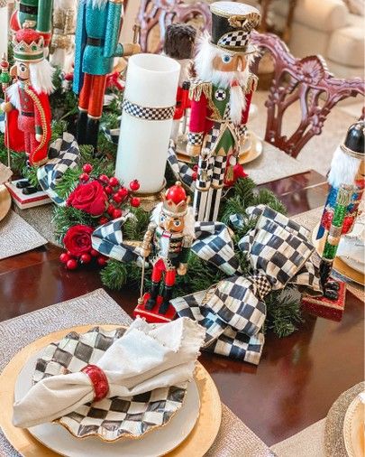 Christmas Table Scape, Nutcracker Christmas Party, Mackenzie Childs Diy, Mackenzie Childs Inspired, Holiday Tablescape, Courtly Check, Christmas Dinner Table, Christmas Tablescape, Holiday Tablescapes