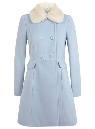 Vintage-style faux fur collar button coats at Miss Selfridge Blue Winter Coat, Faux Fur Collar Coat, The Cardigans, Fur Collar Coat, Cute Coats, Moda Retro, Blue Coat, Collar Coat, Retro Mode