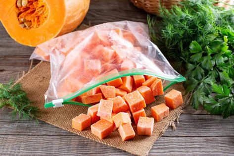 Freezing Pumpkin Chunks, Freezing Pumpkin, Cooked Pumpkin, Preserving Pumpkins, Frozen Pierogies, Frozen Pumpkin, Leftover Pumpkin, All Fruits, Recipe Images