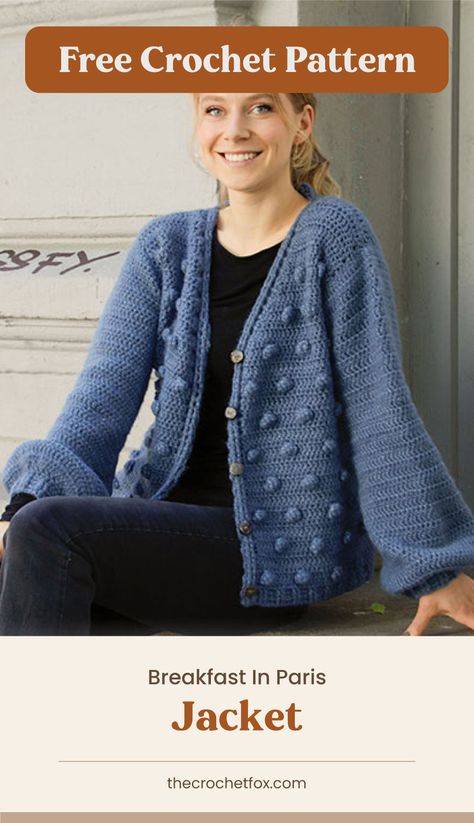 Craft this classy and fun crochet cardigan adorned with crocheted bobbles to complete your transitional spring wardrobe. This easy crochet pattern has sizes from S - XXXL and makes for a lovely handmade gift for friends and family. | More free crochet patterns at thecrochetfox.com Breakfast In Paris, Fall Crochet Projects, Pretty Breakfast, Crochet Tea Cozy, Crochet Patterns Free Beginner, Crochet Cardigan Sweater, Crochet Sweater Pattern Free, Crochet Tops Free Patterns, All Free Crochet