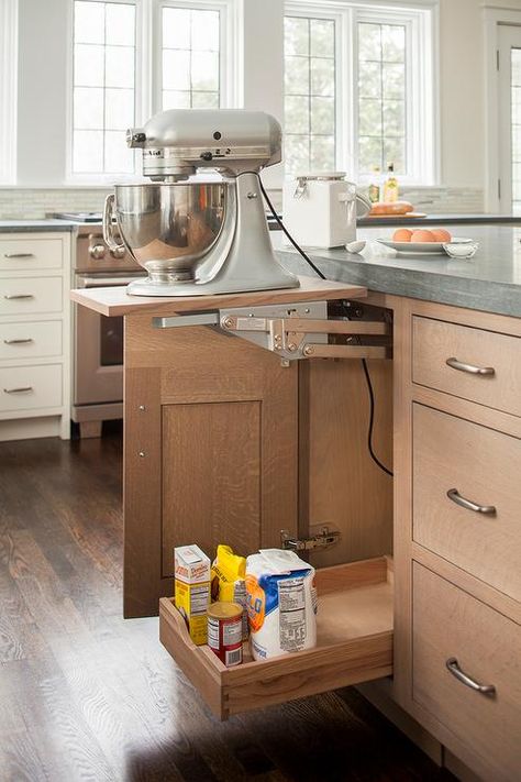 Lift Up Kitchen Mixer Shelf, Transitional, Kitchen -- great for cooks / parents / moms with back problems! Cottage Conversion, Mixer Lift, Studio Dearborn, Limestone Countertops, Kitchen Appliance Storage, Kitchen New York, Garage Style, Kitchenaid Mixer, Cabinet Door Styles