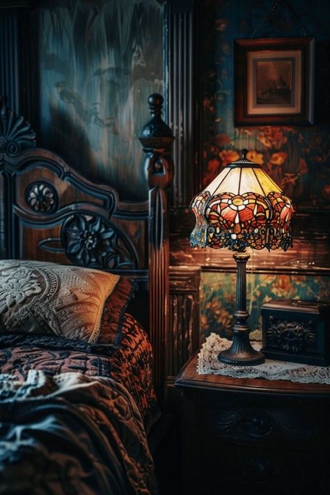 Vintage Theme Room, Moody Vintage Decor, Ideas For Awkward Spaces, Romantic Bedroom Paint Colors, Bedroom Ambient Lighting, Light Academia Bedroom, Romantic Bedroom Colors, Moody Romantic Bedroom, Lamp Styles