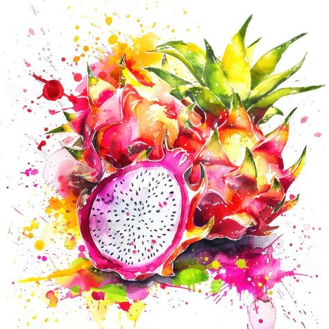 A lively watercolor painting of dragon fruit with a half-sliced piece stock images Splash Painting, Pink Splash, Fruit Painting, Dragon Fruit, Watercolor Painting, Pink And Green, Watercolor Paintings, Photo Image, Seeds