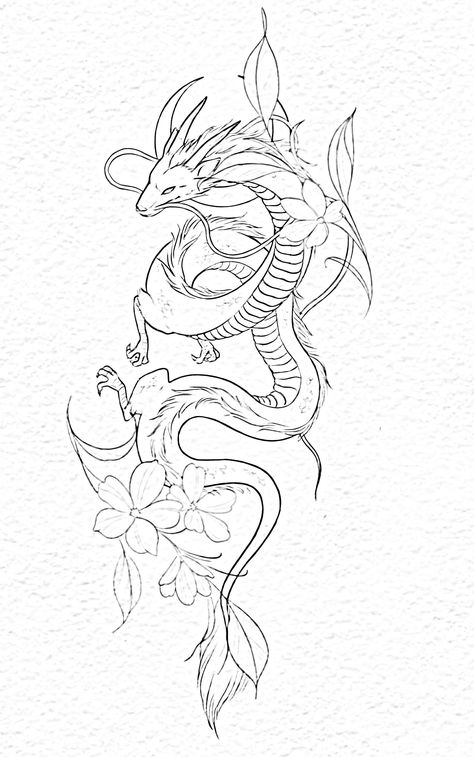 Dragon Fine Line Drawing, Dragon Tattoo With Clouds, Dragon On Arm Tattoo, Female Dragon Tattoo, Dragon Wrapped Around Arm Tattoo, Dragon Tattoo Outline, Dragon Outline, Sweatpants Design, Dragon Thigh Tattoo