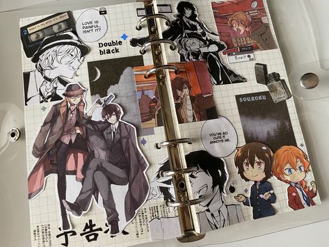 Dazai Journal Ideas, Scrapbook Poster Ideas, Dazai Journal, Osamu Dazai Aesthetic, Dazai Book, Scrapbook Recipe Book, Dazai Chuuya, Pink Camera, Anime Journal