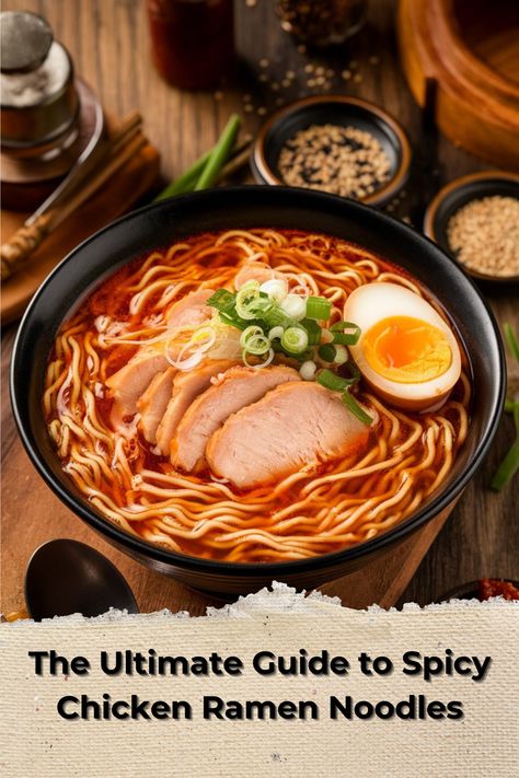 Delicious and satisfying spicy chicken ramen noodles with a kick of heat and savory flavors. Perfect for a quick and flavorful meal. Spicy Seafood Ramen, Spicy Chicken Ramen Jinya Recipe, Spicy Ramen Noodle Recipes Chicken, Spicy Chicken Ramen Noodle Recipes, Ramen Noodle Recipes Spicy, Korean Ramen Recipes, Spicy Ramen Noodle Recipes, Spicy Chicken Ramen, Spicy Miso Ramen