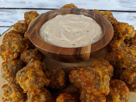 Creole Sausage Balls with remoulade dipping sauce Sauce For Sausage Balls, Dipping Sauce For Sausage Balls, Dipping Sauce For Sausage, Dip For Sausage Balls, Sauce For Sausage, Sausage Creole, Honey Mustard Dip, Sausage Appetizers, Easy Dipping Sauce