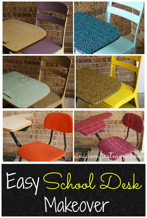 Desk Redo Ideas, Painted School Desks, School Desk Makeover, Diy Awards, Neat Desk, Vintage School Chairs, Desk Makeover Diy, Desk Redo, Old School Desks