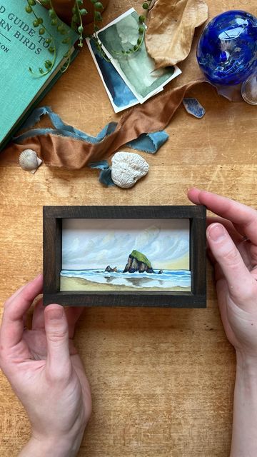 Lizzy Gass on Instagram: "This is the process I use for making each diorama print. Each one takes anywhere from 2-4 hours depending on the complexity of the design and number of layers. The appearance can change a lot depending on the thickness of the foam spacers, which can be a fun change to play around with. . . . . . . . #artprocess #arttutorials #dioramaart #diorama #dioramas #layeredpaper #papersculpture #fortheloveofpaper #redriverpaper #cannonbeachoregon #haystackrock #pnwart #gouachela Beach Diorama, Paper Diorama, Cloudy Sunset, Haystack Rock, Paintings Easy, Cannon Beach Oregon, Gouache Paint, Fantasy Gifts, Watercolor Paintings Easy