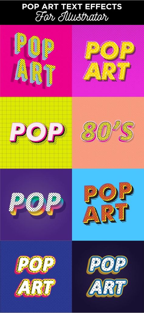 A #Pack of #Pop Art #Text Effects - Styles Illustrator Popart Poster Design, Pop Art Lettering, Pop Art Poster Design, 80s Typography, Pop Typography, Pop Art Typography, Pop Art Logo, Pop Art Text, Pop Art Font