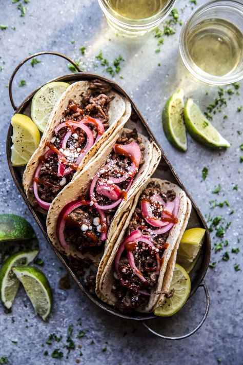 Sesame Beef, Pickled Onion, Quick Pickled Onions, Eating Tacos, Quick Pickled, Beef Tacos, Ground Beef Tacos, 15 Minute Meals, Baked Chicken Wings