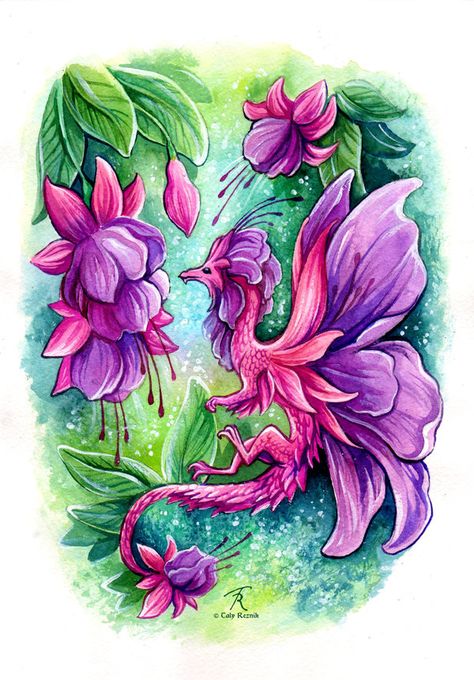 Fuchsia Fairy Dragon by TrollGirl on DeviantArt Flower Dragon Drawing, Fairy Dragon Tattoo, Flower Dragon, Dragon Series, Fairy Dragon, Dragon Pictures, Cute Dragons, Baby Dragon, Dragon Design