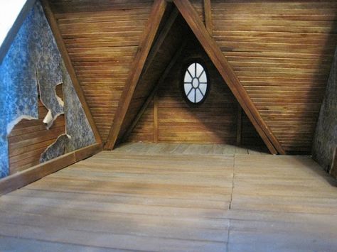 Victorian Dollhouse Interior, Dollhouse Attic, Water Based Wood Stain, Attic Ideas, Pretty Furniture, Haunted Dollhouse, Craft Sticks, Dollhouse Projects, Spooky House