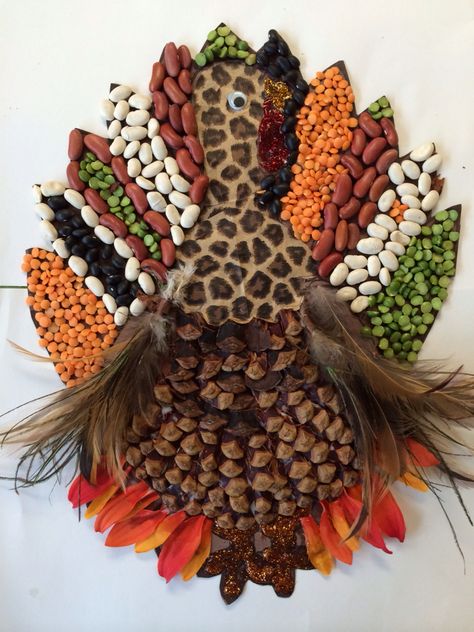 Decorate a turkey with a variety of beans, pine cone pieces for the breast, plant petals for the bottom accented with some real feathers. Decorate Turkey Feather For School, Decorated Turkey For School, Christmas Pine Cone Crafts, Kids Thanksgiving Art, Turkey Diy Crafts, Crafts For Kids Christmas, Thanksgiving Art Projects, Pine Cone Crafts For Kids, Turkey Ideas