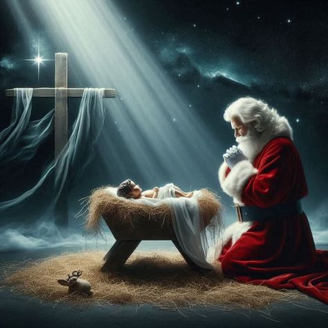 Santa And Jesus Picture, Santa And Jesus, Santa Wallpaper, Christmas Holiday Traditions, Kneeling Santa, Tf2 Funny, Christ Artwork, Jesus Christ Artwork, Happy Birthday Jesus