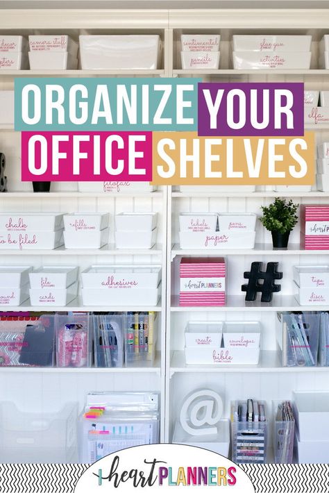 How I organize my home office shelves. See how I style my shelves, what bins I use to organize office supplies, how I organize papers, and my favorite office organization products. Get an inside peek at a work from home mom office. Organize Office Supplies At Home, Organized Office Supplies, Closet Organization For Office Supplies, How To Organize Office, Organize Office Closet, Organize Shelves, Home Office Shelf Organization, Storage For Office Supplies, Organizing Office Supplies At Home