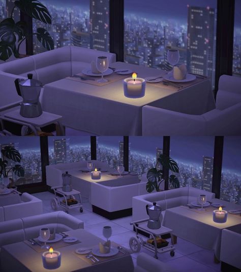 “fine dining restaurant🍴 enjoy the city skyline view while having an intimate dinner 🌃 Animal Crossing Dinner Ideas, Acnh Dining Room, Animal Crossing City Ideas, Animal Crossing Restaurant, Animal Crossing City, Acnh Interior, Acnh House, Acnh Inspiration, Ac New Leaf