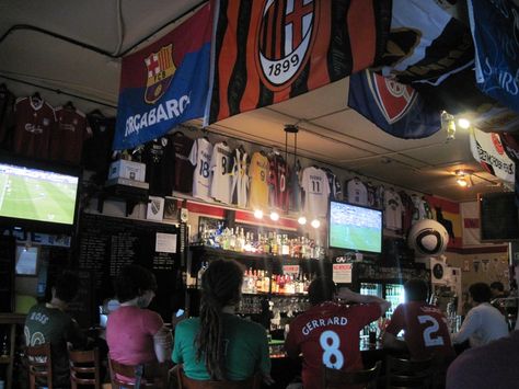 bar interior Football Pub, Flag On Wall, Sport Facility, Sports Pub, Sport Bar, Sports Bars, Football Decorations, Sports Room, Bar Interior