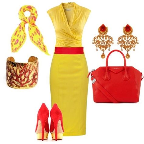 Bright Yellow Outfit Ideas, Red And Yellow Outfits For Women, Yellow And Red Outfit, Red And Yellow Outfit, Yellow Clothes, Office Casual Outfit, Red Outfit, Yellow Fashion, Complete Outfits