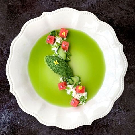 Kostas Magoulas on Instagram: “Watermelon,homemade goat feta cheese,cucumber and mint sorbet,preserved cucumber water.” Mint Sorbet, Plating Food, Cucumber Water, Food Presentation, Food Plating, Amazing Food, Feta Cheese, Food Art, Feta