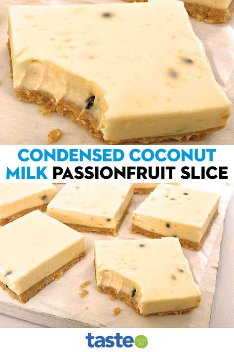 Just when we thought that a condensed coconut milk slice couldn't get any better, our favourite tropical fruit has been added to the mix. Condensed Coconut Milk Recipes, Easy Eid Recipes, Passionfruit Slice, Condensed Milk Recipes Desserts, Milk Recipes Dessert, Sweet Slices, Slice Recipes, Passionfruit Cheesecake, Custard Cake Recipes