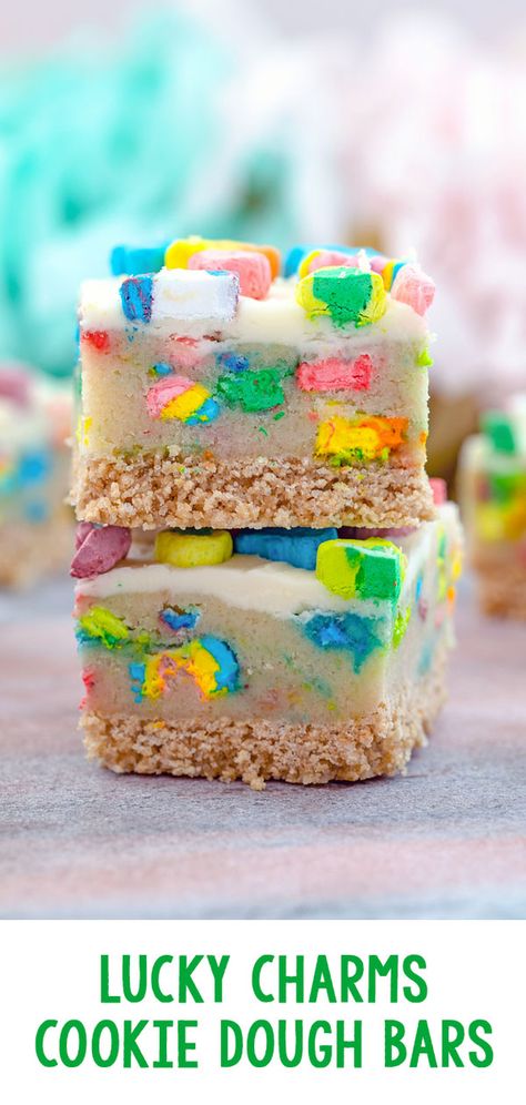 Simple Buttercream Frosting, Easy Bar Cookie Recipes, Cookie Dough Filling, Easy Buttercream Frosting, Lucky Charms Marshmallows, Cookie Dough Bars, Magically Delicious, Raw Cookie Dough, Cereal Treats