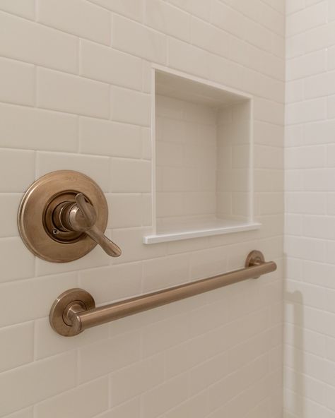 Simple shower niche. Moving the shower valve to the wall adjacent to the showerhead makes it more convenient to turn on and test the water before showering. Shower Niche, Shower Valve, The Shower, Shower Heads, The Wall, Shower, Turn Ons, Water, Wall